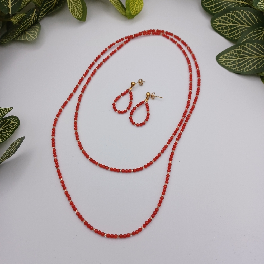 Handcrafted Red Beaded Necklace and Earring Set